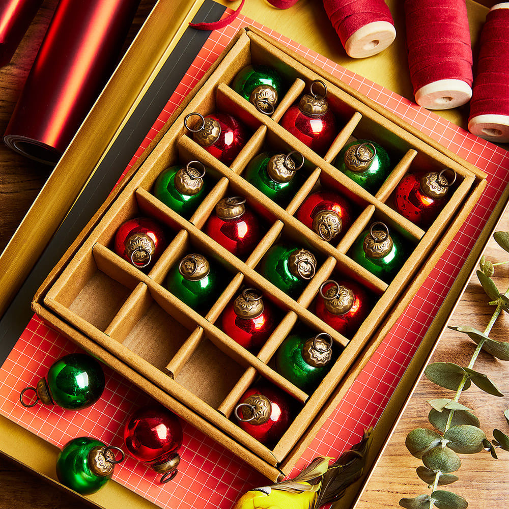 Mini Mercury Glass Ornaments- Green/Red - Set of 20