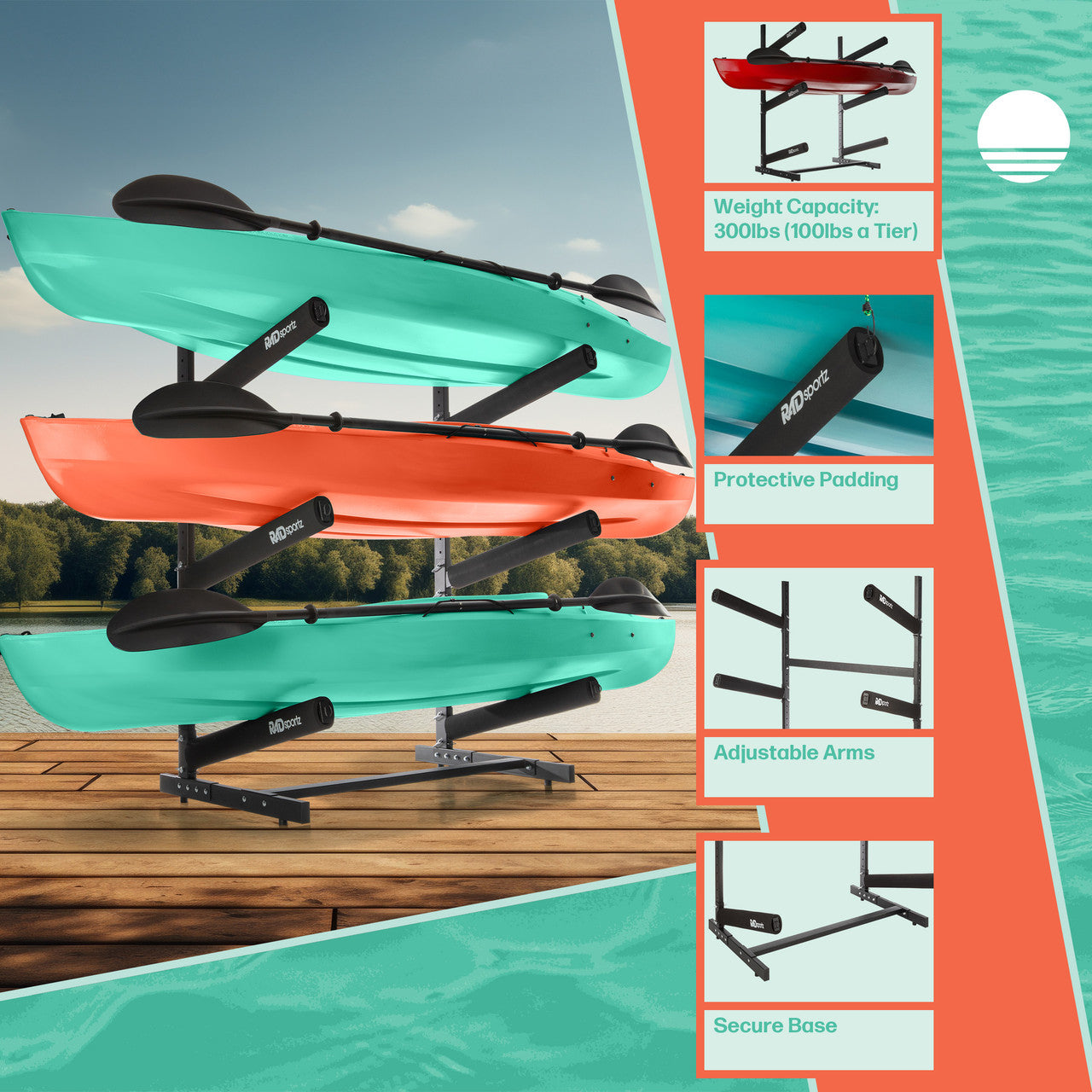 Freestanding Outdoor 3-Level Kayak and Canoe Rack