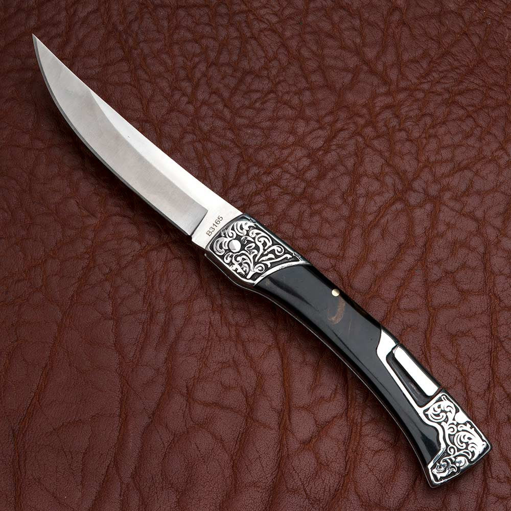8Cr13MoV Stainless Steel Folding Knife with Saddle Lock - wood and resin handle