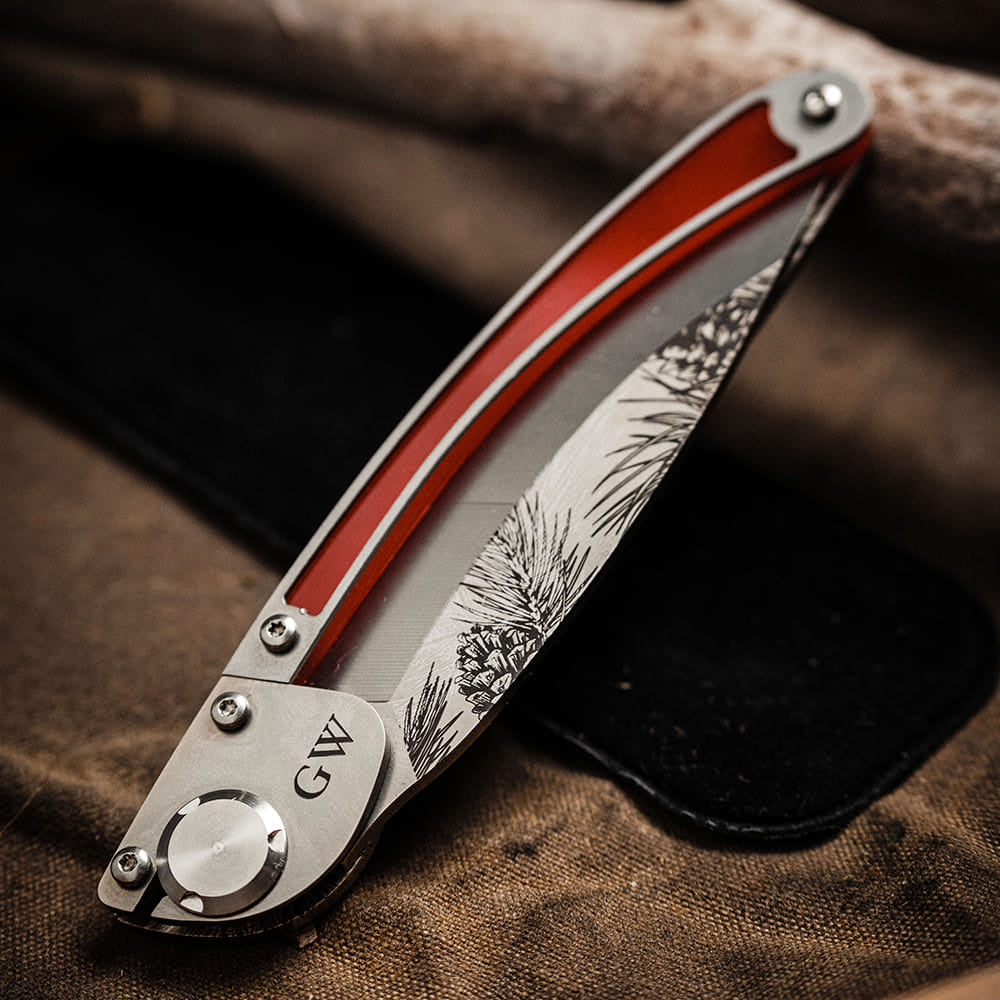 K2 Engraved Holiday Pocket Knife and Leather Sheath - limited holiday edition