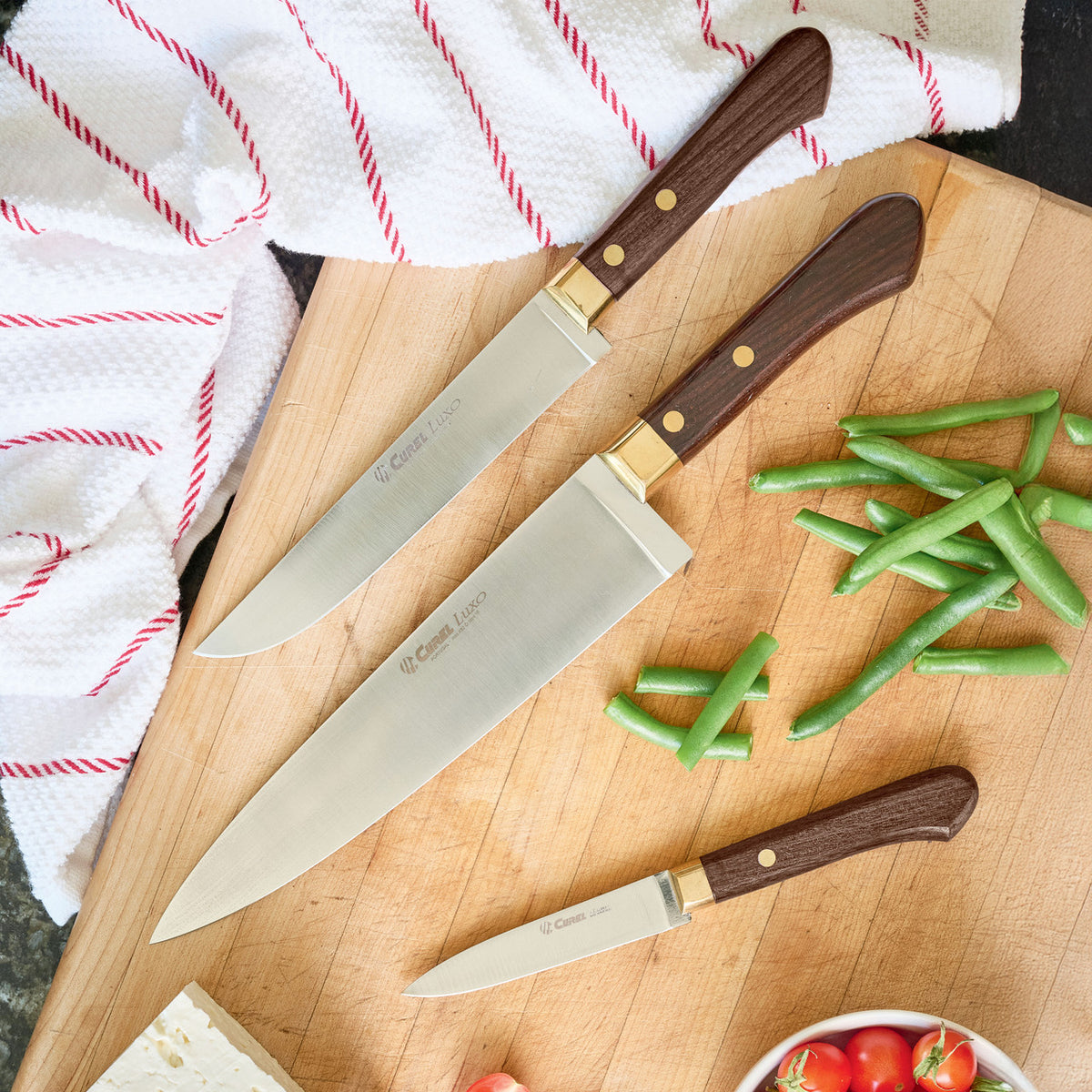Red Mahogany & Brass Knives Set