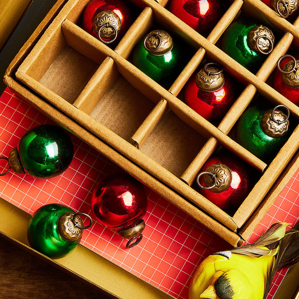 Mini Mercury Glass Ornaments- Green/Red - Set of 20