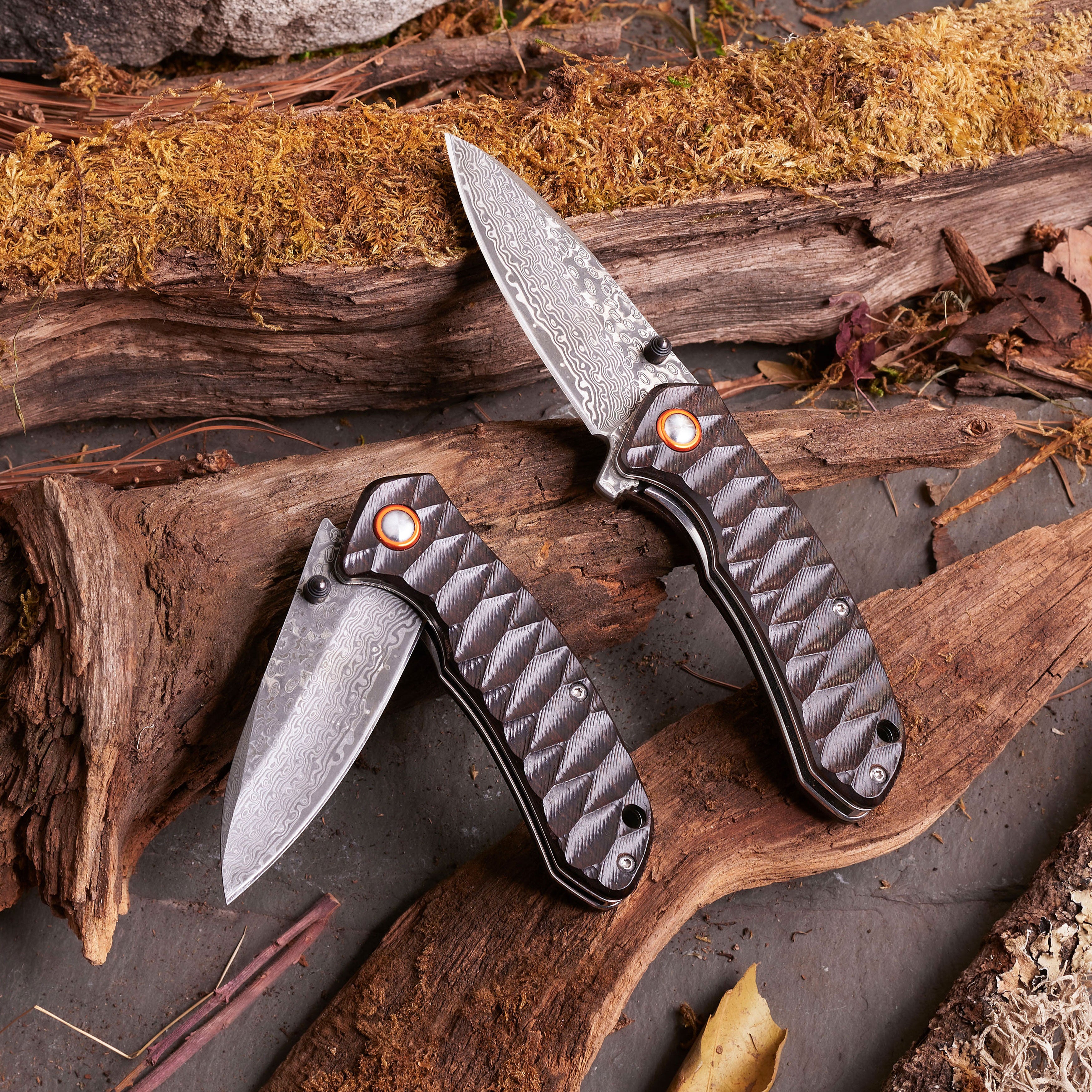 Fine Folding Damascus Steel Knife with Ebony Handle