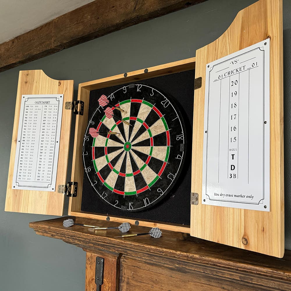 Old-Fashioned Dartboard Set in a Pine Cabinet