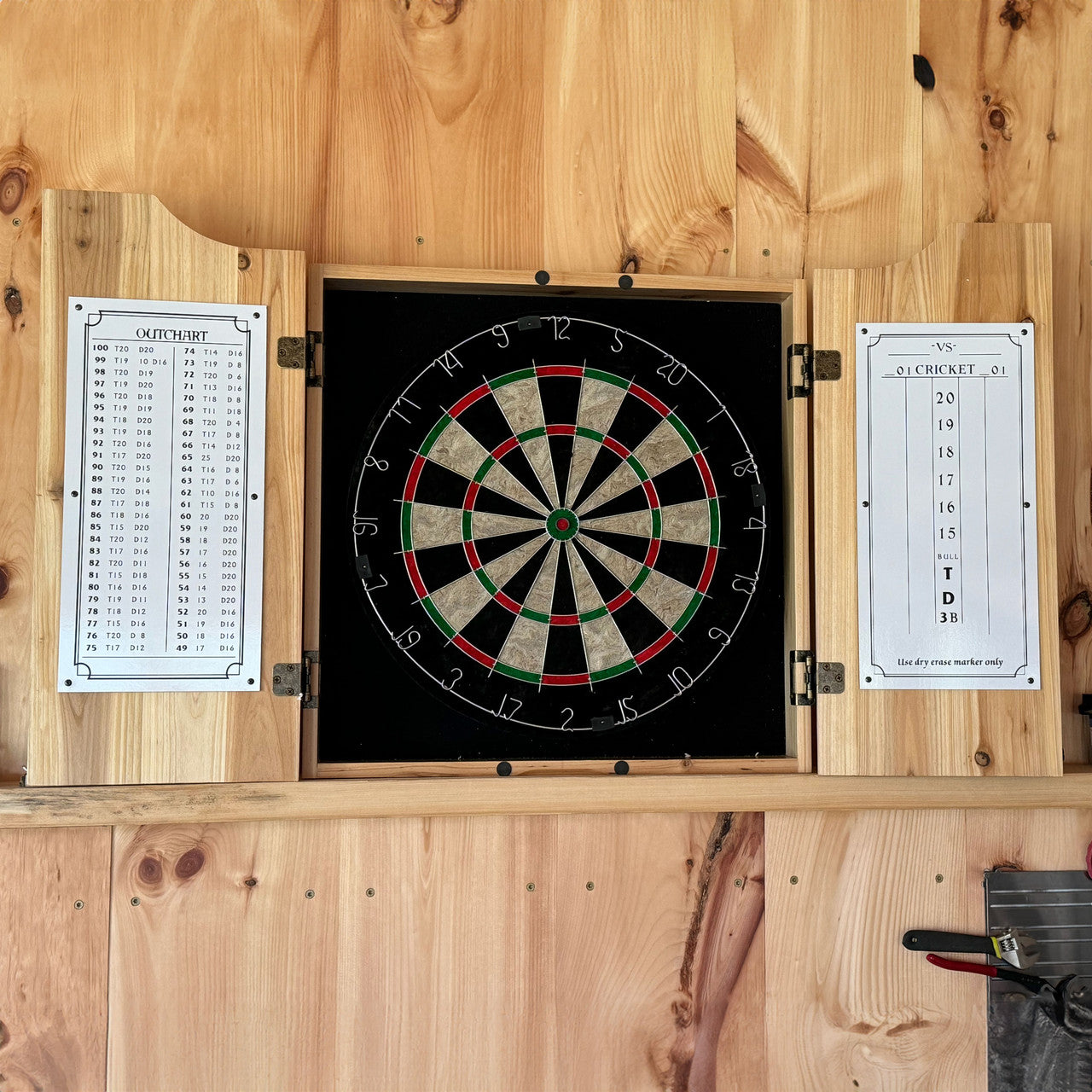 Old-Fashioned Dartboard Set in a Pine Cabinet