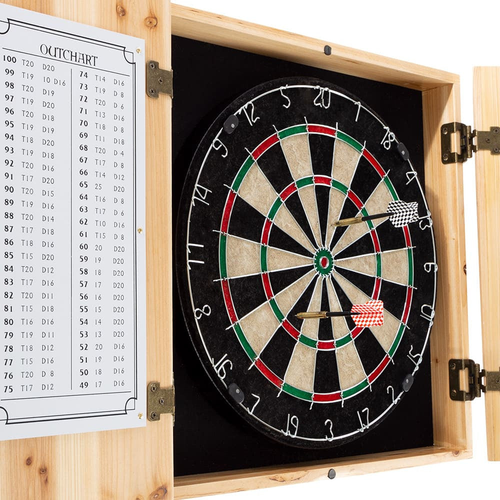 Old-Fashioned Dartboard Set in a Pine Cabinet