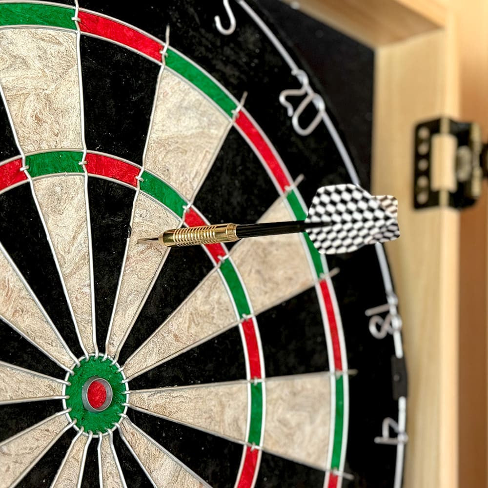 Old-Fashioned Dartboard Set in a Pine Cabinet