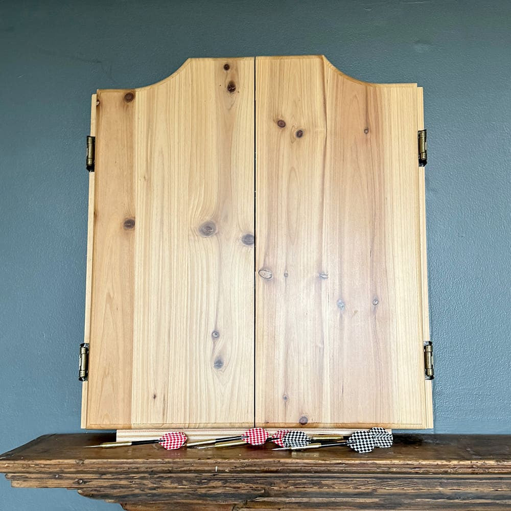 Old-Fashioned Dartboard Set in a Pine Cabinet