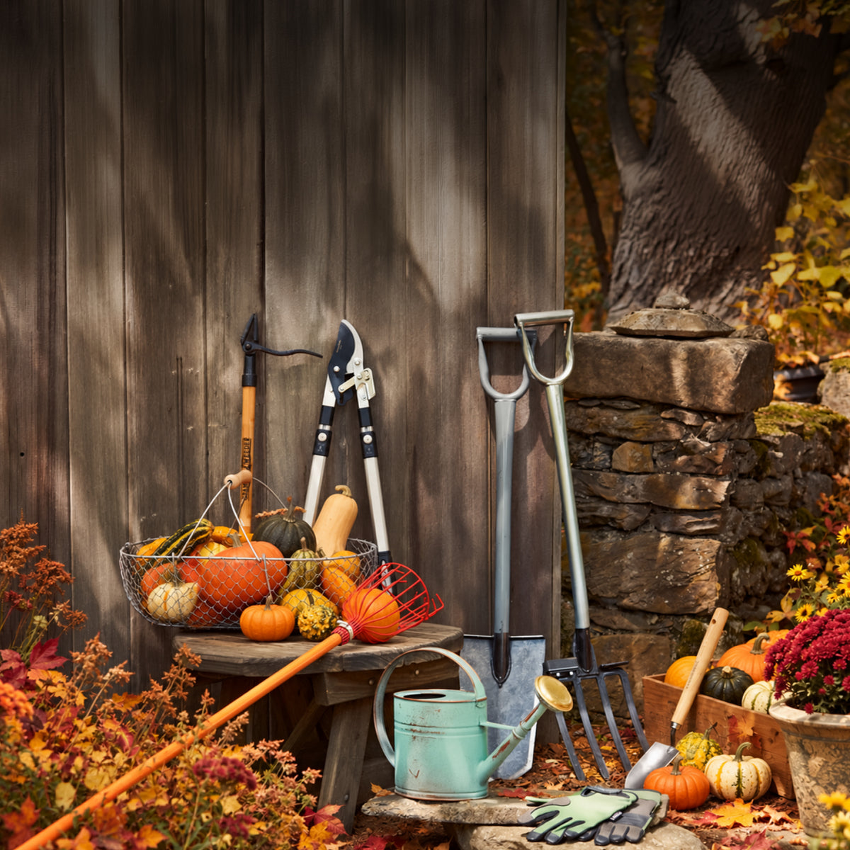 Fall garden tools leaning on a weathered shed beside a basket of gourds and autumn flowers
