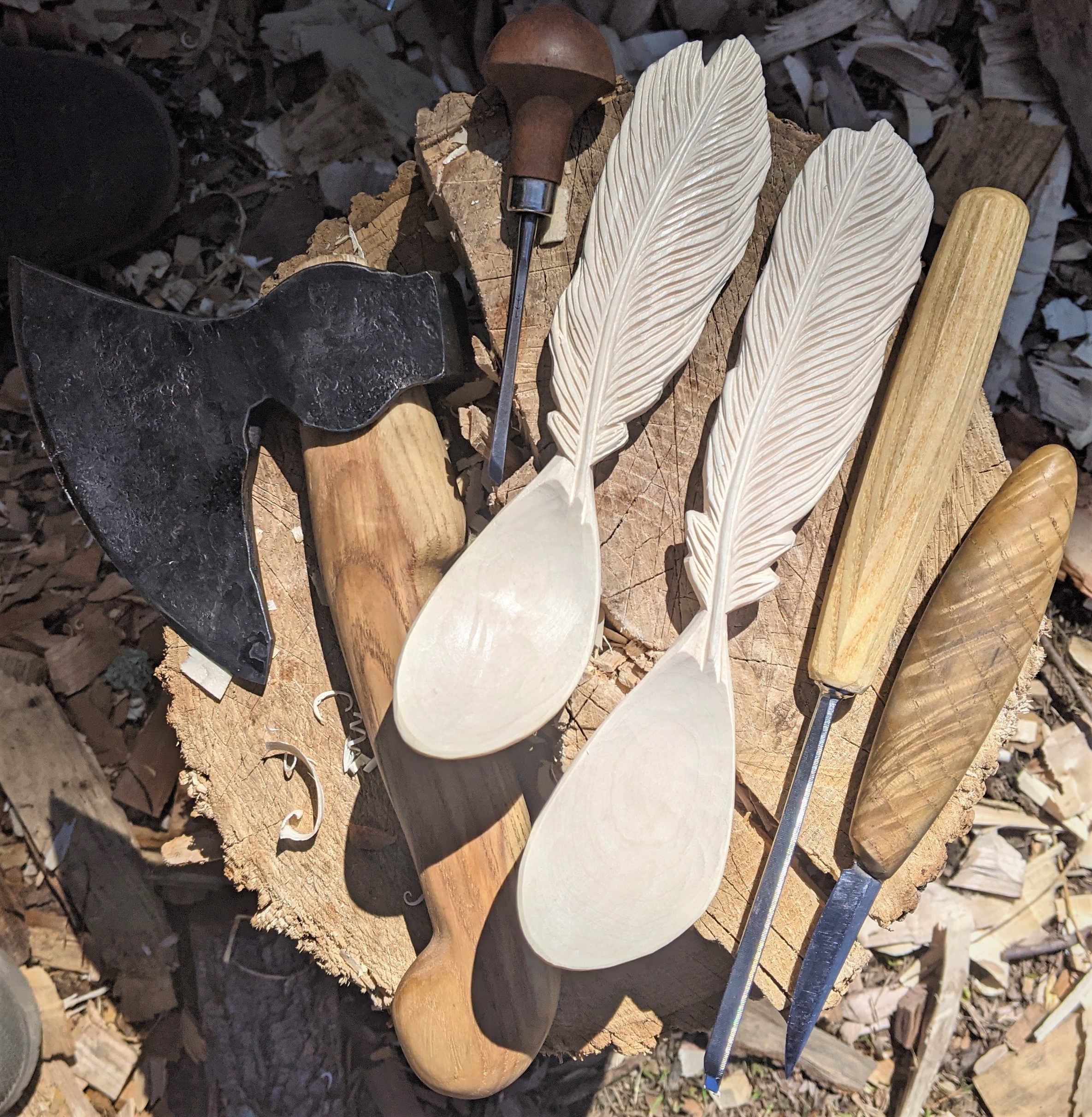 Unpainted Wooden Spoons and Carving Tools